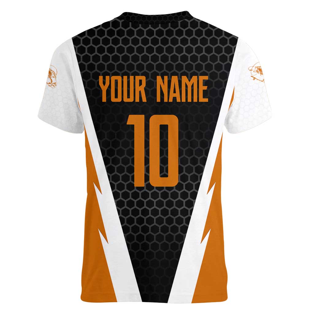 Bass Fishing Women V-Neck T-Shirt Jumping Largemouth Fish on Black Hex Pattern and Orange White Lightning Accents - Wonder Print Shop