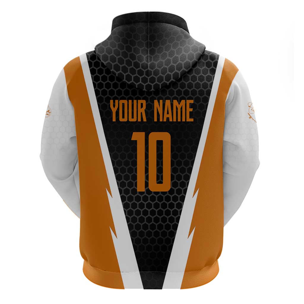 Bass Fishing Zip Hoodie Jumping Largemouth Fish on Black Hex Pattern and Orange White Lightning Accents - Wonder Print Shop