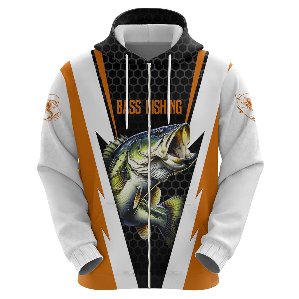 Bass Fishing Zip Hoodie Jumping Largemouth Fish on Black Hex Pattern and Orange White Lightning Accents - Wonder Print Shop