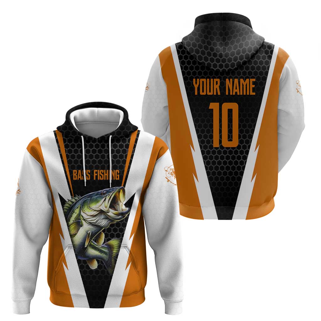 Bass Fishing Zip Hoodie Jumping Largemouth Fish on Black Hex Pattern and Orange White Lightning Accents - Wonder Print Shop