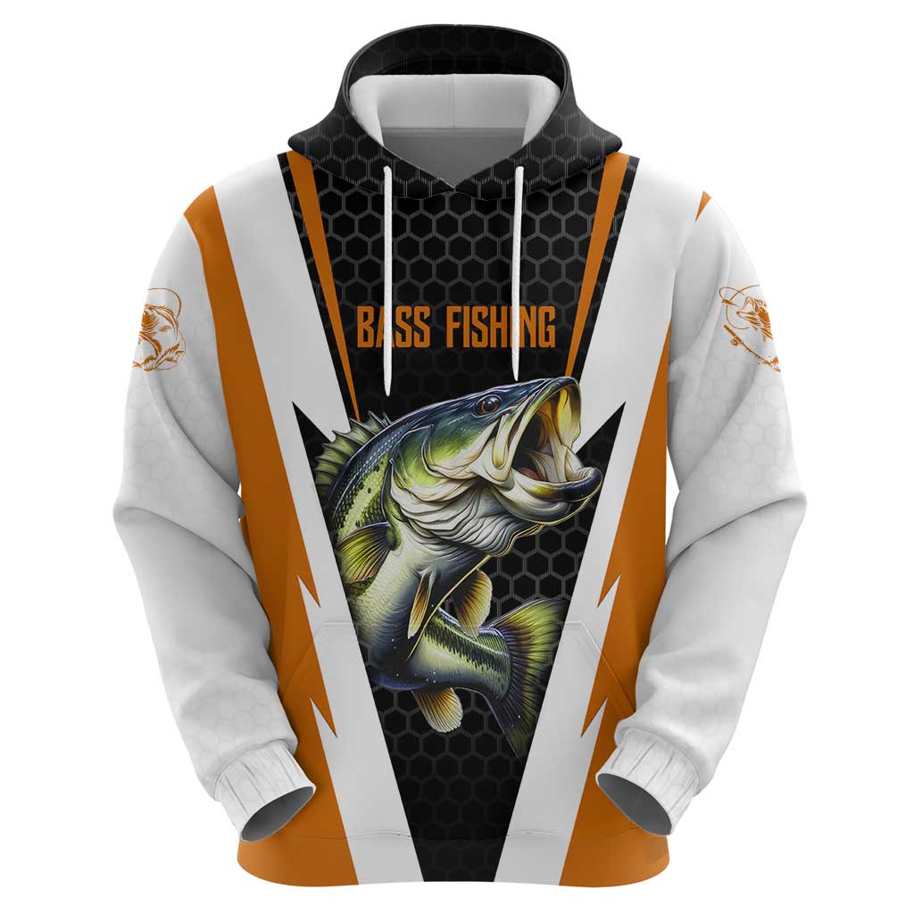 Bass Fishing Zip Hoodie Jumping Largemouth Fish on Black Hex Pattern and Orange White Lightning Accents - Wonder Print Shop