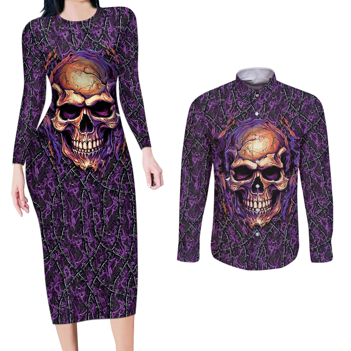 Skull Couples Matching Long Sleeve Bodycon Dress and Long Sleeve Button Shirts Hello Darkness My Old Friend - Horror Seamless Pattern Purple - Wonder Print Shop