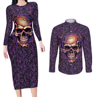 Skull Couples Matching Long Sleeve Bodycon Dress and Long Sleeve Button Shirts Hello Darkness My Old Friend - Horror Seamless Pattern Purple - Wonder Print Shop