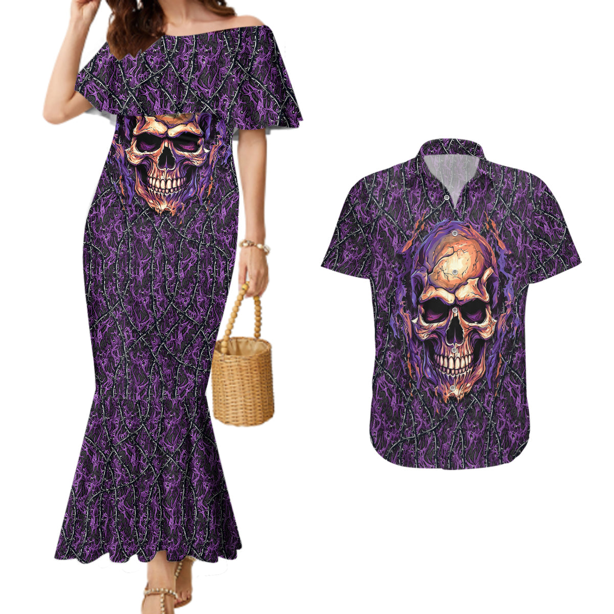 Skull Couples Matching Mermaid Dress And Hawaiian Shirt Hello Darkness My Old Friend - Horror Seamless Pattern Purple - Wonder Print Shop