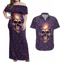 Skull Couples Matching Off Shoulder Maxi Dress and Hawaiian Shirt Hello Darkness My Old Friend - Horror Seamless Pattern Purple - Wonder Print Shop