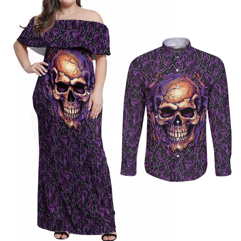 Skull Couples Matching Off Shoulder Maxi Dress and Long Sleeve Button Shirts Hello Darkness My Old Friend - Horror Seamless Pattern Purple - Wonder Print Shop