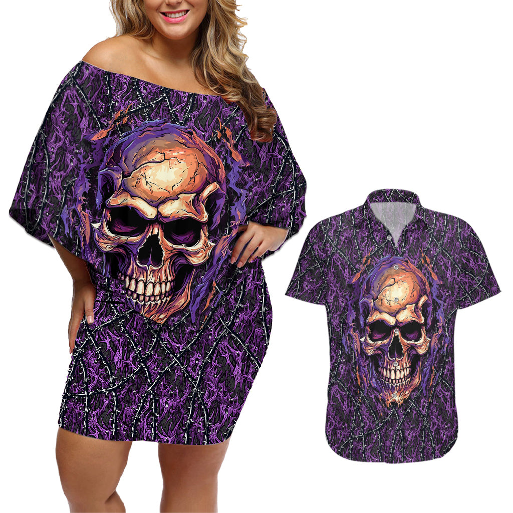 Skull Couples Matching Off Shoulder Short Dress and Hawaiian Shirt Hello Darkness My Old Friend - Horror Seamless Pattern Purple - Wonder Print Shop