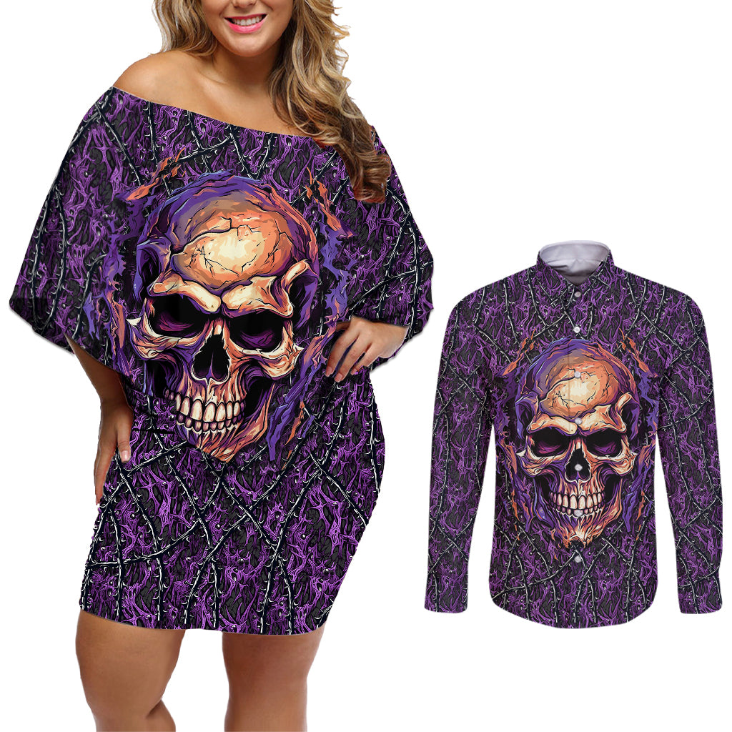 Skull Couples Matching Off Shoulder Short Dress and Long Sleeve Button Shirts Hello Darkness My Old Friend - Horror Seamless Pattern Purple - Wonder Print Shop