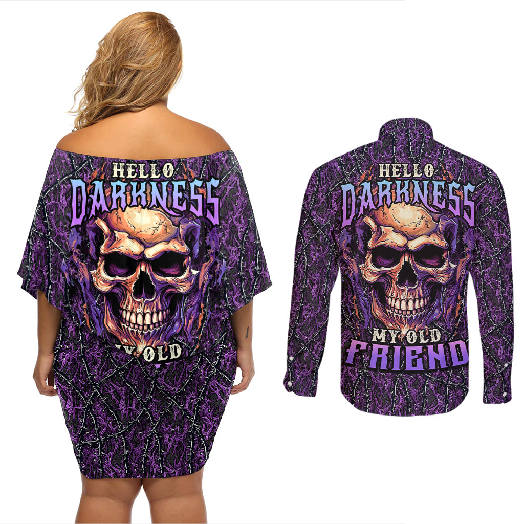 Skull Couples Matching Off Shoulder Short Dress and Long Sleeve Button Shirts Hello Darkness My Old Friend - Horror Seamless Pattern Purple - Wonder Print Shop