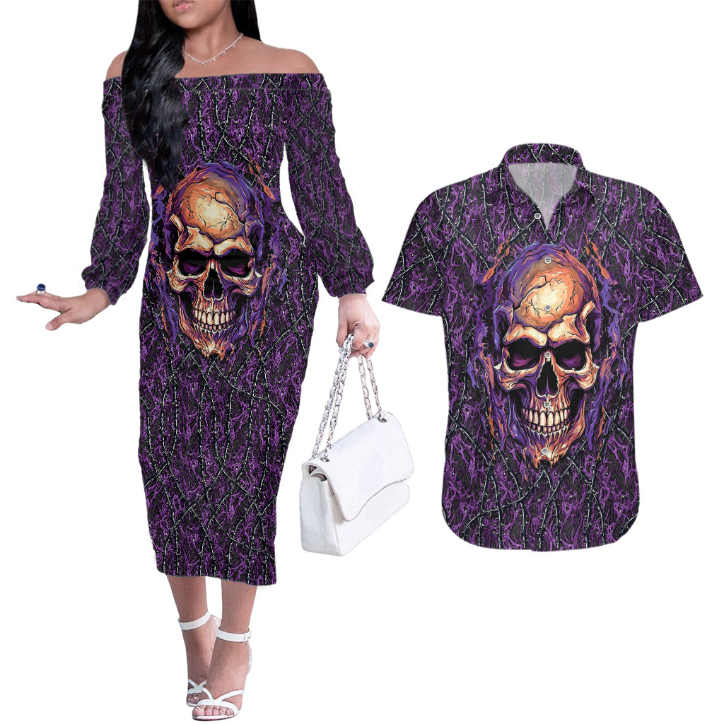 Skull Couples Matching Off The Shoulder Long Sleeve Dress and Hawaiian Shirt Hello Darkness My Old Friend - Horror Seamless Pattern Purple - Wonder Print Shop