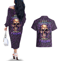 Skull Couples Matching Off The Shoulder Long Sleeve Dress and Hawaiian Shirt Hello Darkness My Old Friend - Horror Seamless Pattern Purple - Wonder Print Shop