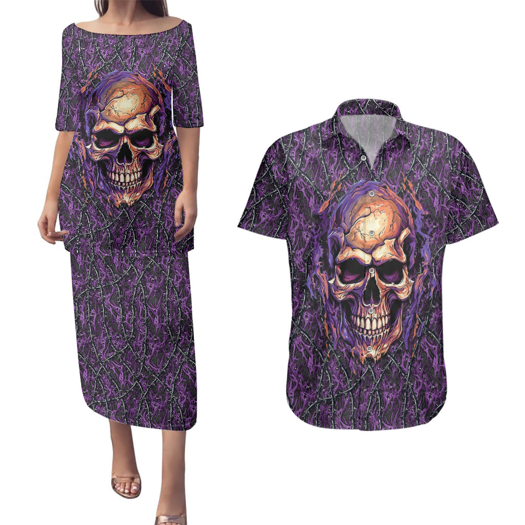 Skull Couples Matching Puletasi Dress and Hawaiian Shirt Hello Darkness My Old Friend - Horror Seamless Pattern Purple - Wonder Print Shop