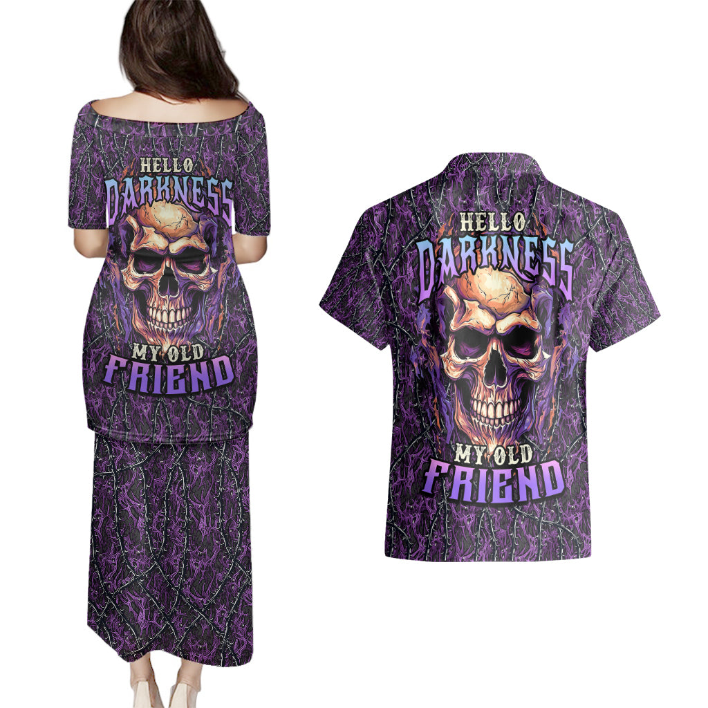 Skull Couples Matching Puletasi Dress and Hawaiian Shirt Hello Darkness My Old Friend - Horror Seamless Pattern Purple - Wonder Print Shop