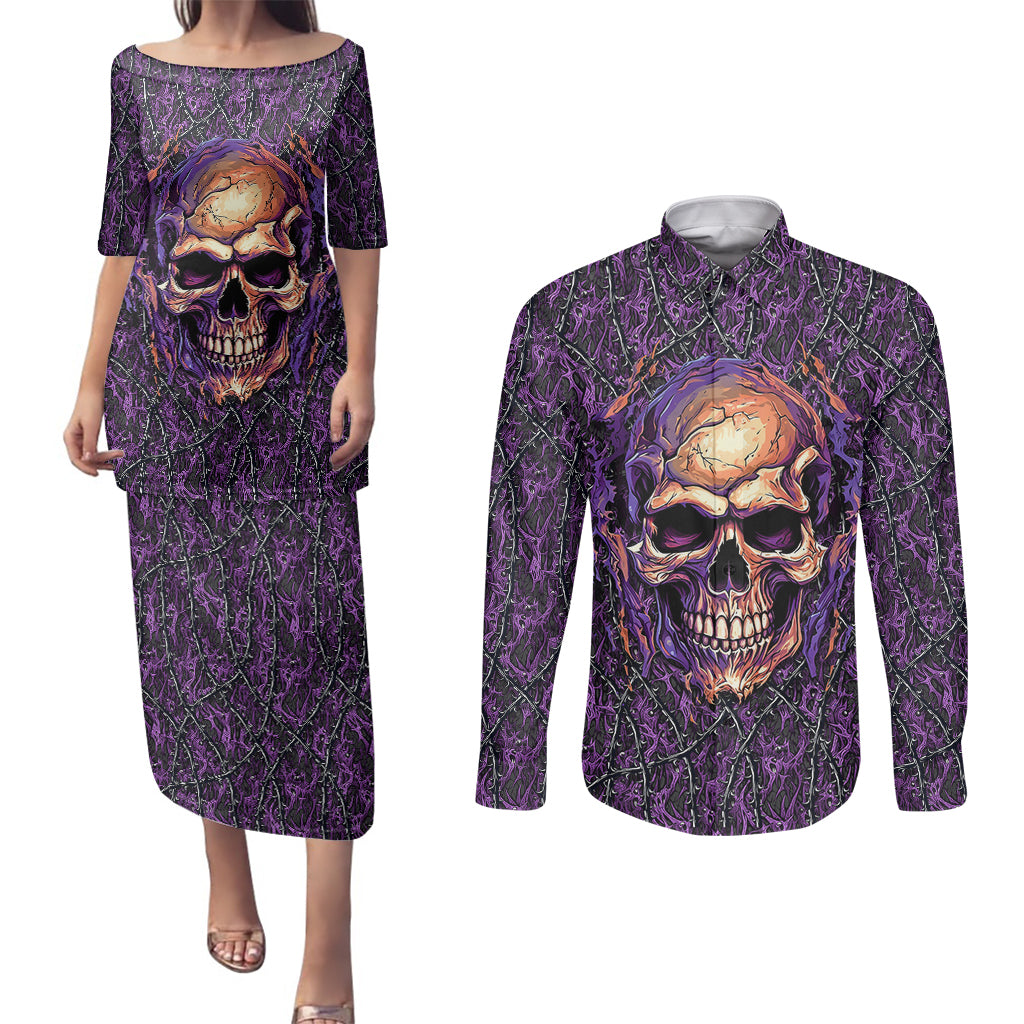 Skull Couples Matching Puletasi Dress and Long Sleeve Button Shirts Hello Darkness My Old Friend - Horror Seamless Pattern Purple - Wonder Print Shop