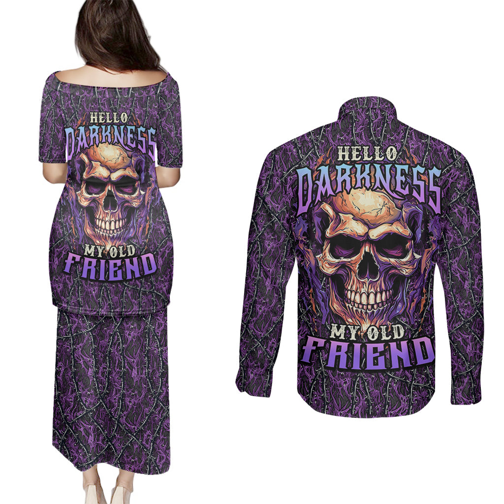 Skull Couples Matching Puletasi Dress and Long Sleeve Button Shirts Hello Darkness My Old Friend - Horror Seamless Pattern Purple - Wonder Print Shop