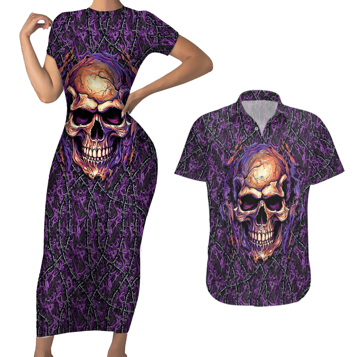 Skull Couples Matching Short Sleeve Bodycon Dress and Hawaiian Shirt Hello Darkness My Old Friend - Horror Seamless Pattern Purple - Wonder Print Shop