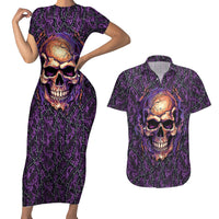 Skull Couples Matching Short Sleeve Bodycon Dress and Hawaiian Shirt Hello Darkness My Old Friend - Horror Seamless Pattern Purple - Wonder Print Shop