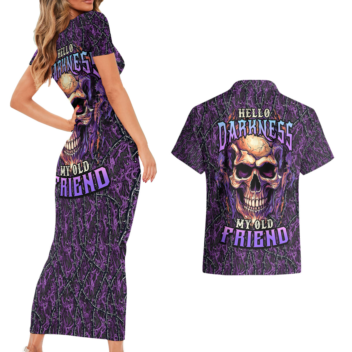 Skull Couples Matching Short Sleeve Bodycon Dress and Hawaiian Shirt Hello Darkness My Old Friend - Horror Seamless Pattern Purple - Wonder Print Shop