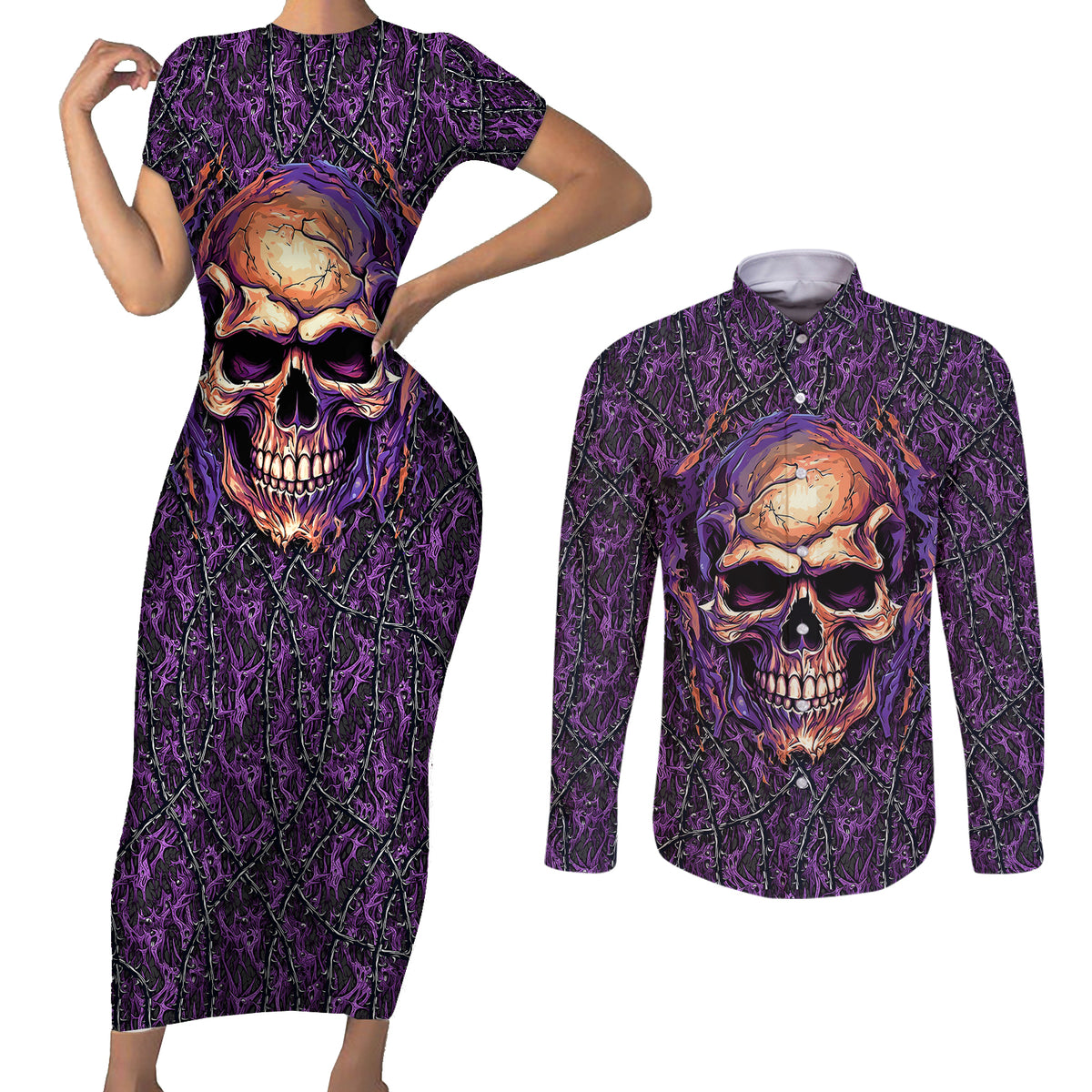 Skull Couples Matching Short Sleeve Bodycon Dress and Long Sleeve Button Shirts Hello Darkness My Old Friend - Horror Seamless Pattern Purple - Wonder Print Shop