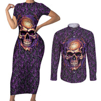 Skull Couples Matching Short Sleeve Bodycon Dress and Long Sleeve Button Shirts Hello Darkness My Old Friend - Horror Seamless Pattern Purple - Wonder Print Shop