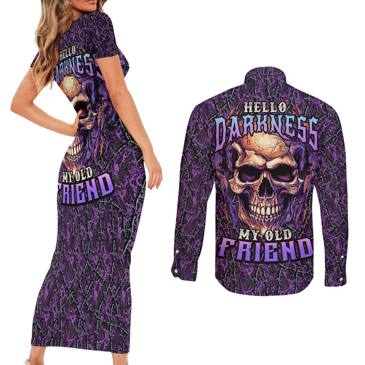 Skull Couples Matching Short Sleeve Bodycon Dress and Long Sleeve Button Shirts Hello Darkness My Old Friend - Horror Seamless Pattern Purple - Wonder Print Shop