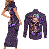 Skull Couples Matching Short Sleeve Bodycon Dress and Long Sleeve Button Shirts Hello Darkness My Old Friend - Horror Seamless Pattern Purple - Wonder Print Shop