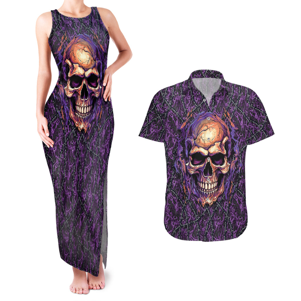 Skull Couples Matching Tank Maxi Dress And Hawaiian Shirt Hello Darkness My Old Friend - Horror Seamless Pattern Purple - Wonder Print Shop
