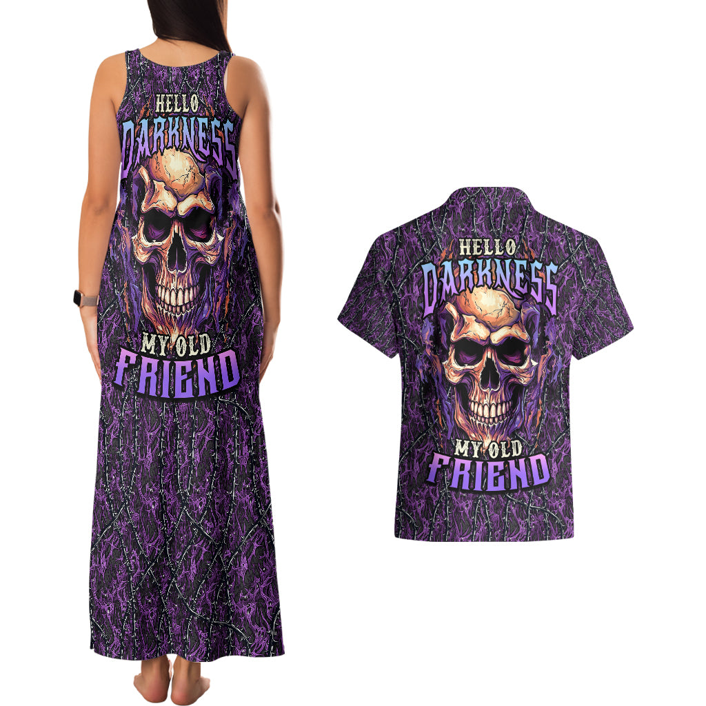 Skull Couples Matching Tank Maxi Dress And Hawaiian Shirt Hello Darkness My Old Friend - Horror Seamless Pattern Purple - Wonder Print Shop