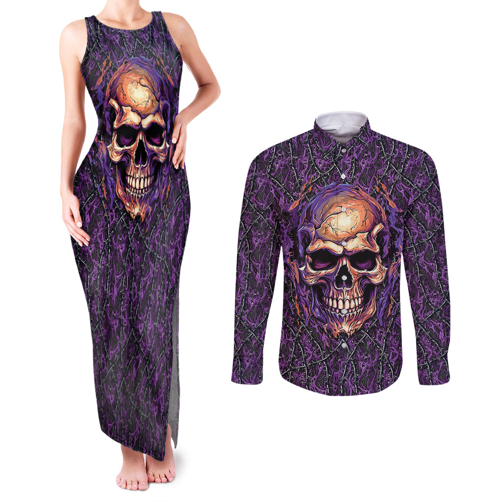 Skull Couples Matching Tank Maxi Dress and Long Sleeve Button Shirts Hello Darkness My Old Friend - Horror Seamless Pattern Purple - Wonder Print Shop