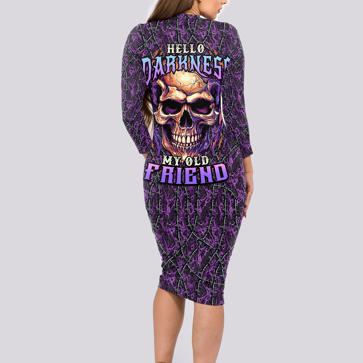 Skull Long Sleeve Bodycon Dress Hello Darkness My Old Friend - Horror Seamless Pattern Purple - Wonder Print Shop