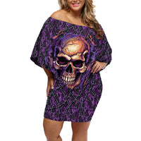 Skull Off Shoulder Short Dress Hello Darkness My Old Friend - Horror Seamless Pattern Purple - Wonder Print Shop