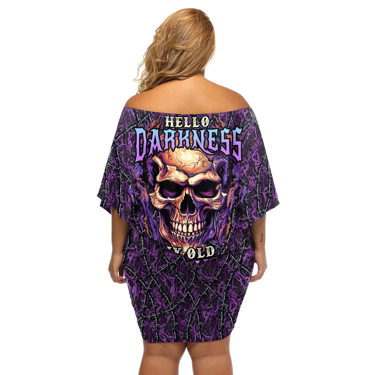 Skull Off Shoulder Short Dress Hello Darkness My Old Friend - Horror Seamless Pattern Purple - Wonder Print Shop
