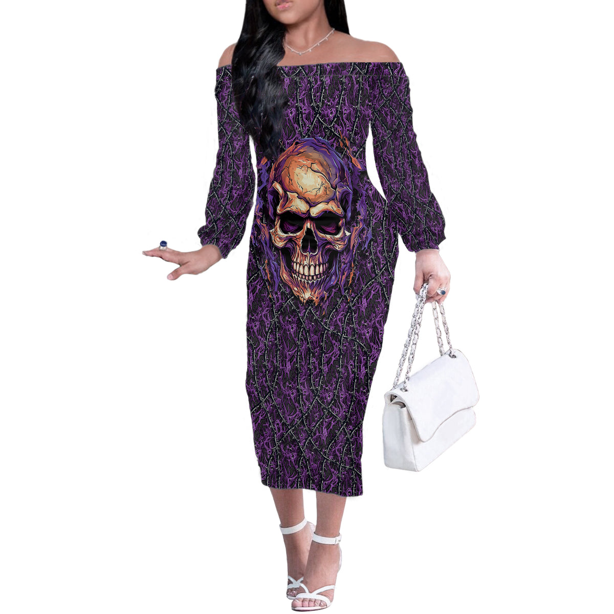 Skull Off The Shoulder Long Sleeve Dress Hello Darkness My Old Friend - Horror Seamless Pattern Purple - Wonder Print Shop