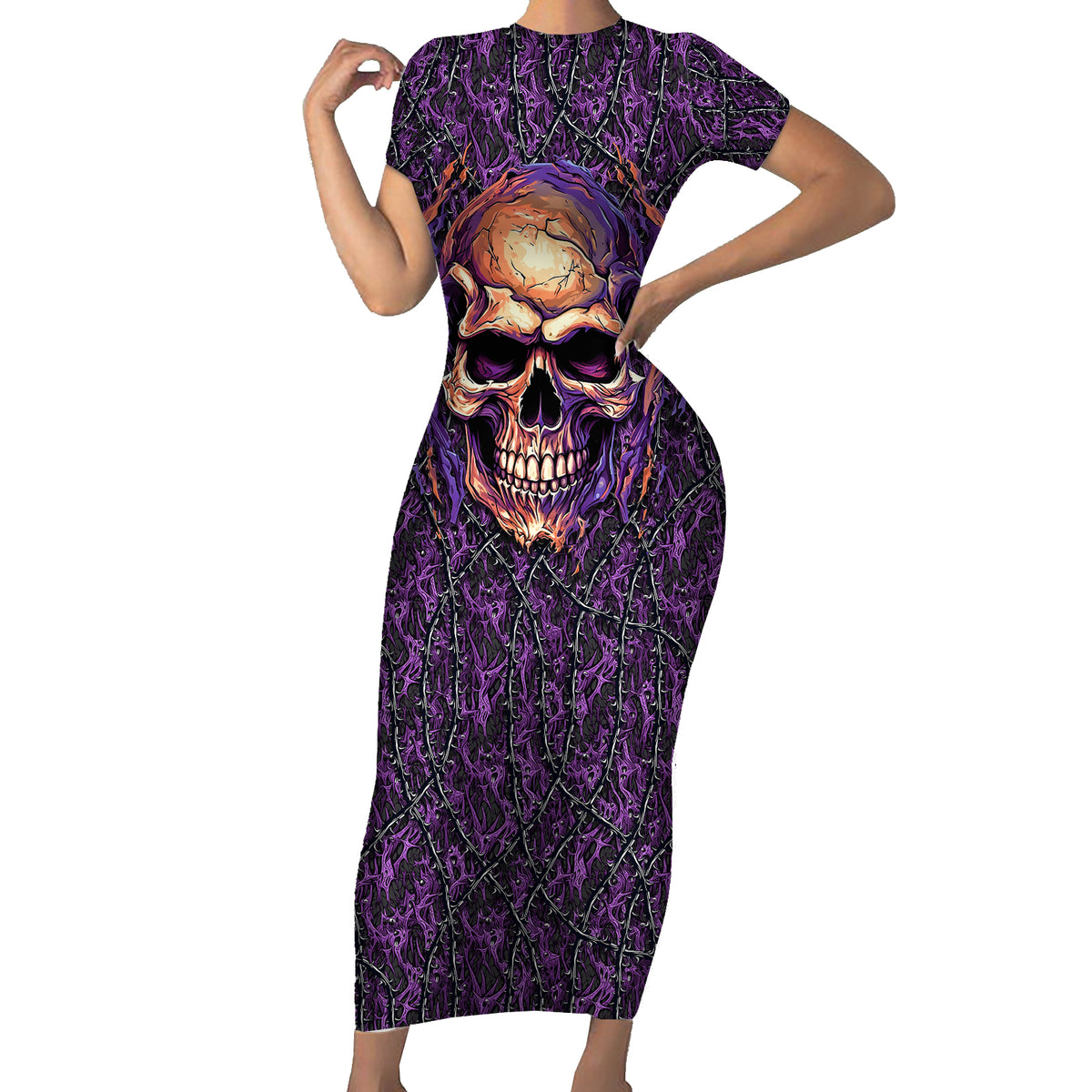 Skull Short Sleeve Bodycon Dress Hello Darkness My Old Friend - Horror Seamless Pattern Purple - Wonder Print Shop