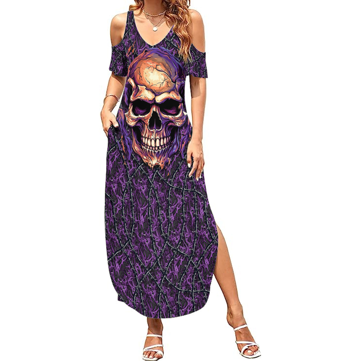 Skull Summer Maxi Dress Hello Darkness My Old Friend - Horror Seamless Pattern Purple - Wonder Print Shop