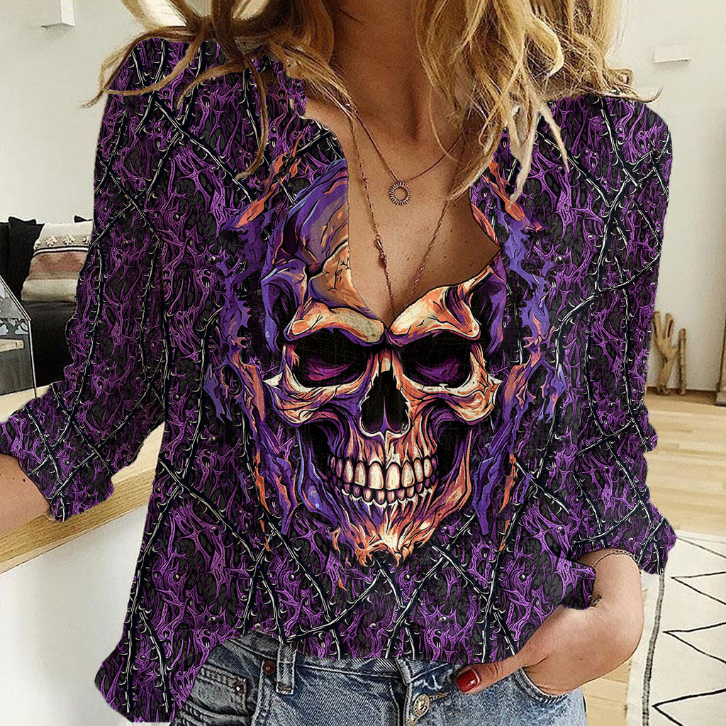 Skull Women Casual Shirt Hello Darkness My Old Friend - Horror Seamless Pattern Purple - Wonder Print Shop