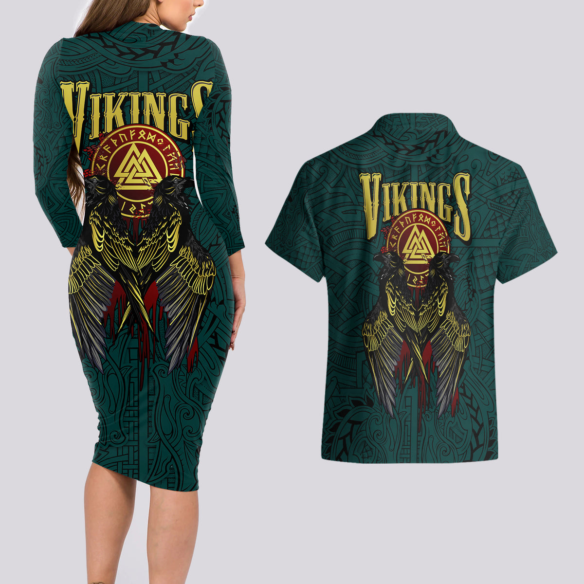 Viking Couples Matching Long Sleeve Bodycon Dress and Hawaiian Shirt Ravens - Hugin And Munin - Wonder Print Shop