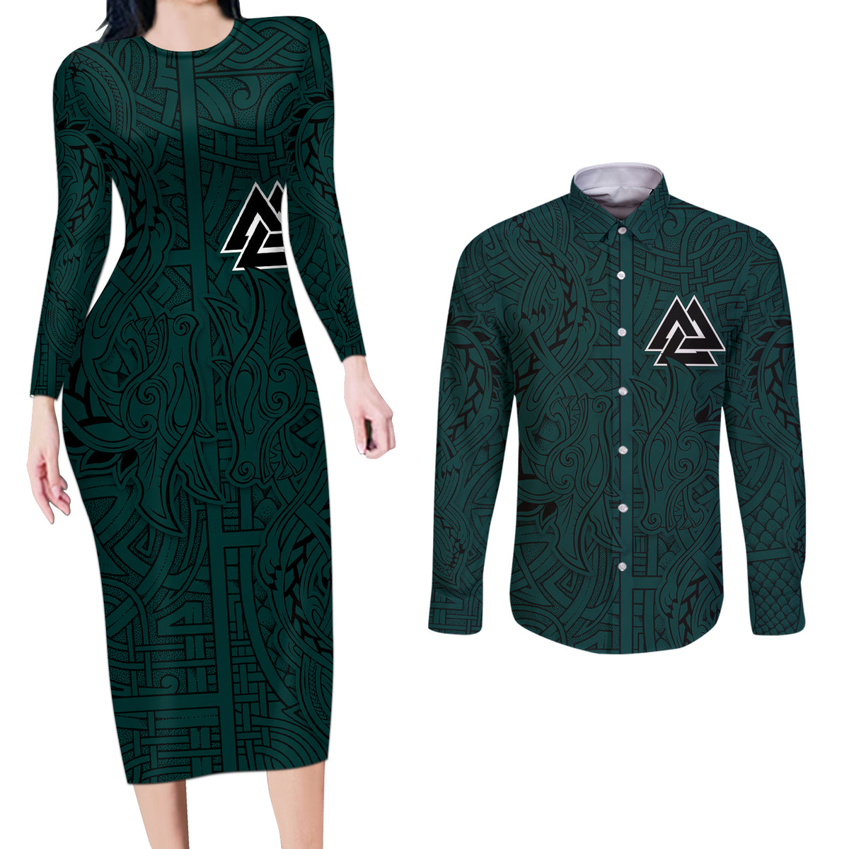 Viking Couples Matching Long Sleeve Bodycon Dress and Long Sleeve Button Shirts Ravens - Hugin And Munin - Wonder Print Shop