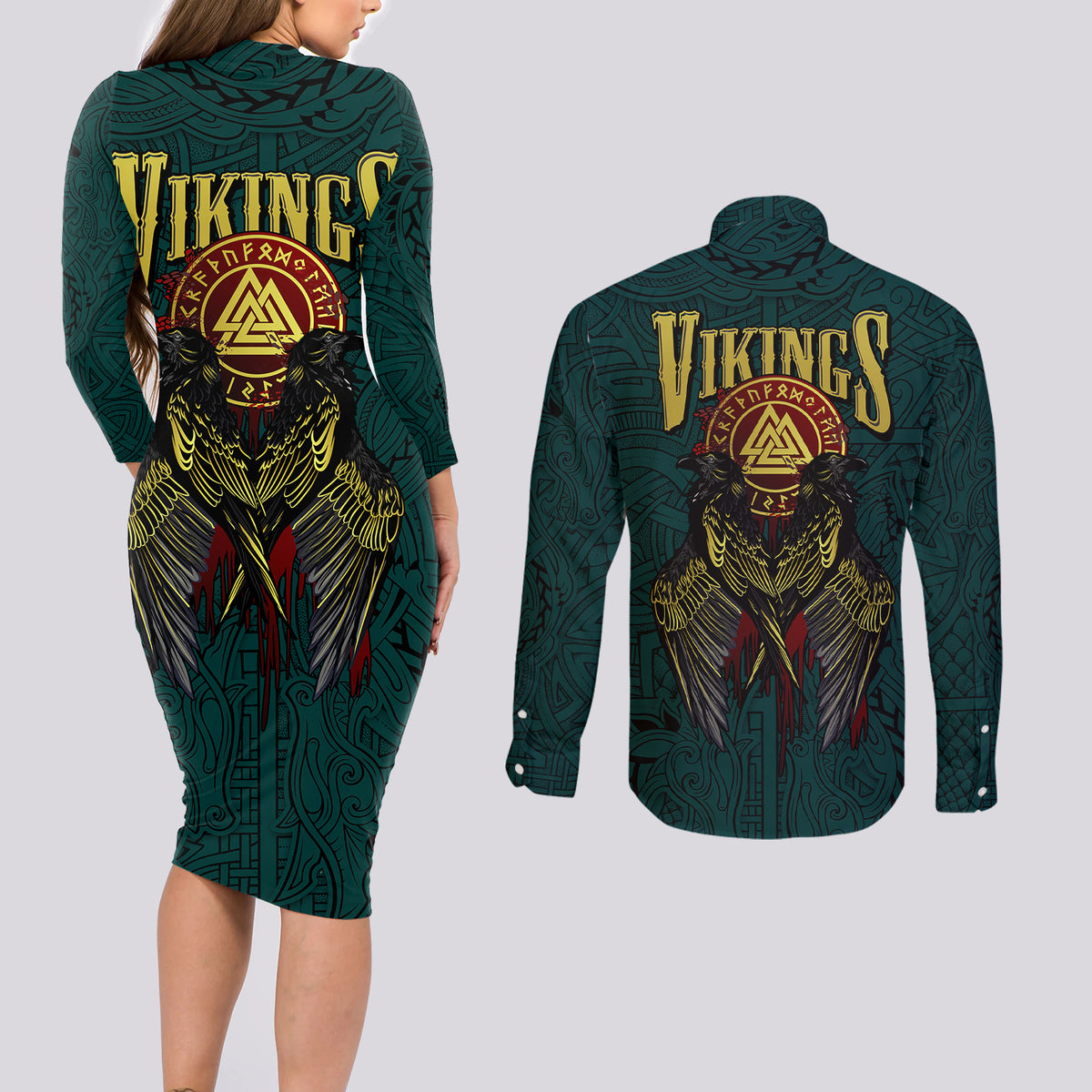 Viking Couples Matching Long Sleeve Bodycon Dress and Long Sleeve Button Shirts Ravens - Hugin And Munin - Wonder Print Shop
