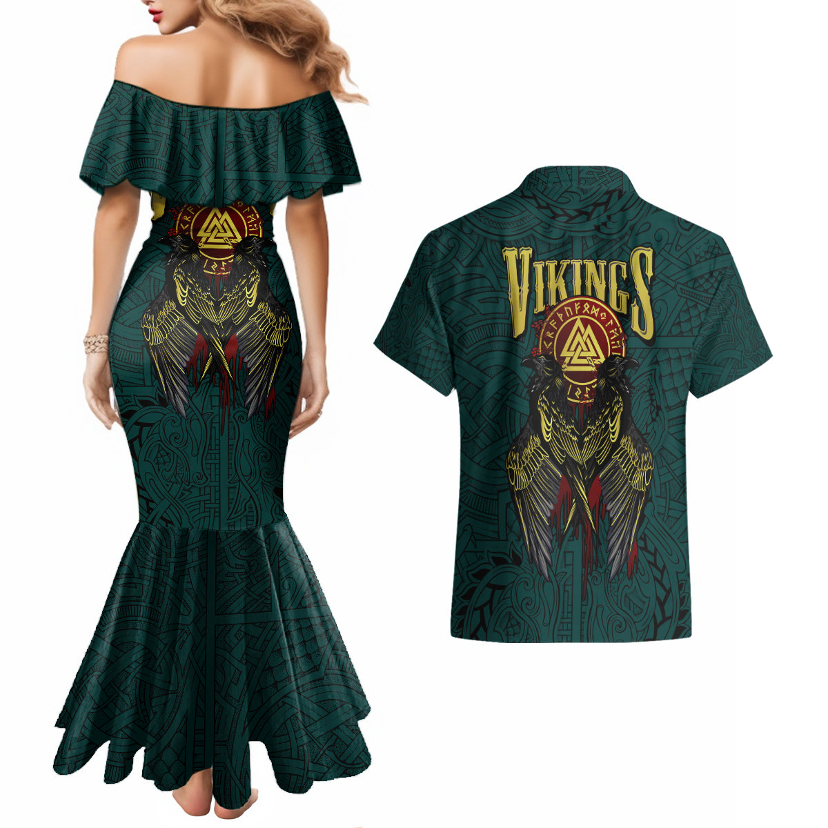 Viking Couples Matching Mermaid Dress and Hawaiian Shirt Ravens - Hugin And Munin - Wonder Print Shop