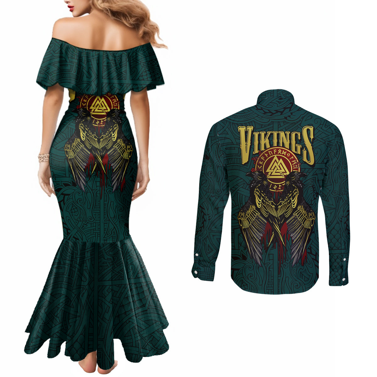 viking-couples-matching-mermaid-dress-and-long-sleeve-button-shirts-ravens-hugin-and-munin