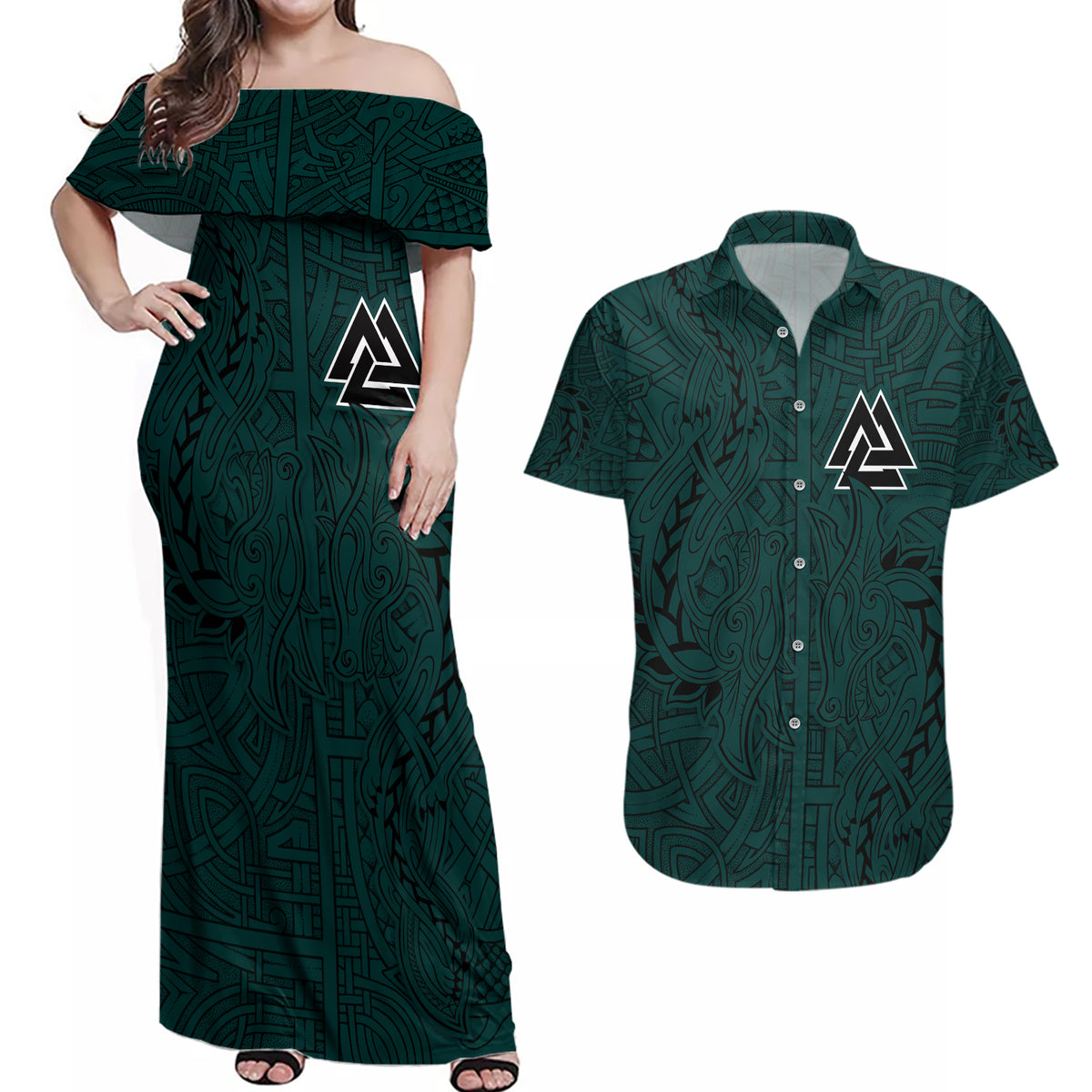Viking Couples Matching Off Shoulder Maxi Dress and Hawaiian Shirt Ravens - Hugin And Munin - Wonder Print Shop