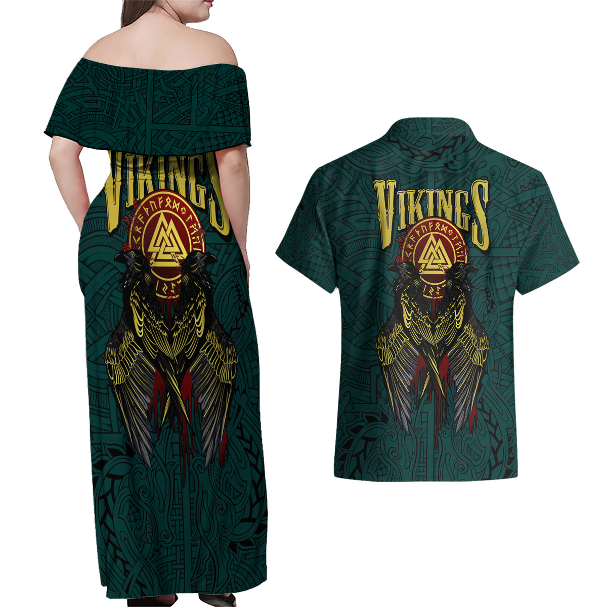 Viking Couples Matching Off Shoulder Maxi Dress and Hawaiian Shirt Ravens - Hugin And Munin - Wonder Print Shop