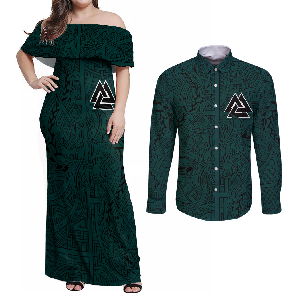 Viking Couples Matching Off Shoulder Maxi Dress and Long Sleeve Button Shirts Ravens - Hugin And Munin - Wonder Print Shop