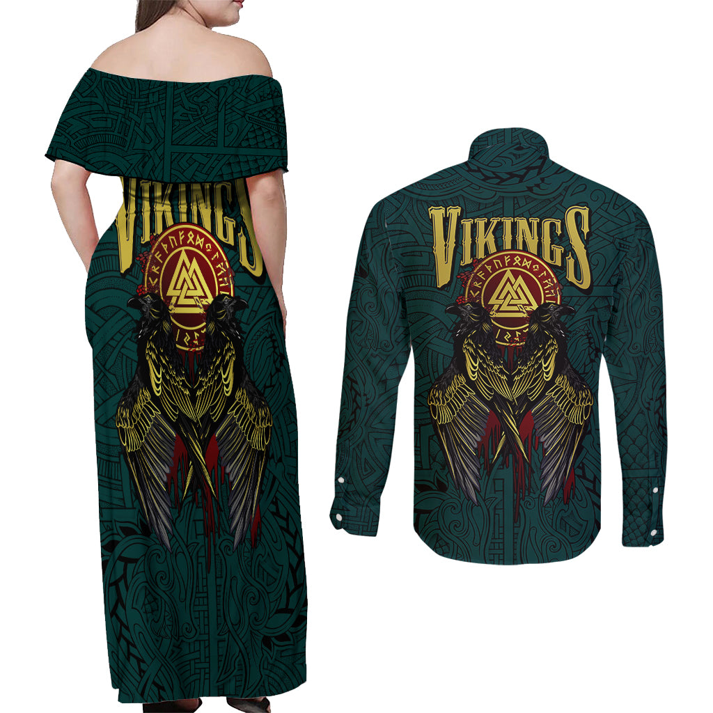 Viking Couples Matching Off Shoulder Maxi Dress and Long Sleeve Button Shirts Ravens - Hugin And Munin - Wonder Print Shop
