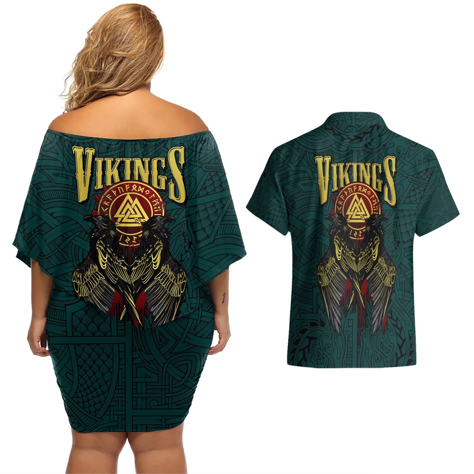 Viking Couples Matching Off Shoulder Short Dress and Hawaiian Shirt Ravens - Hugin And Munin - Wonder Print Shop