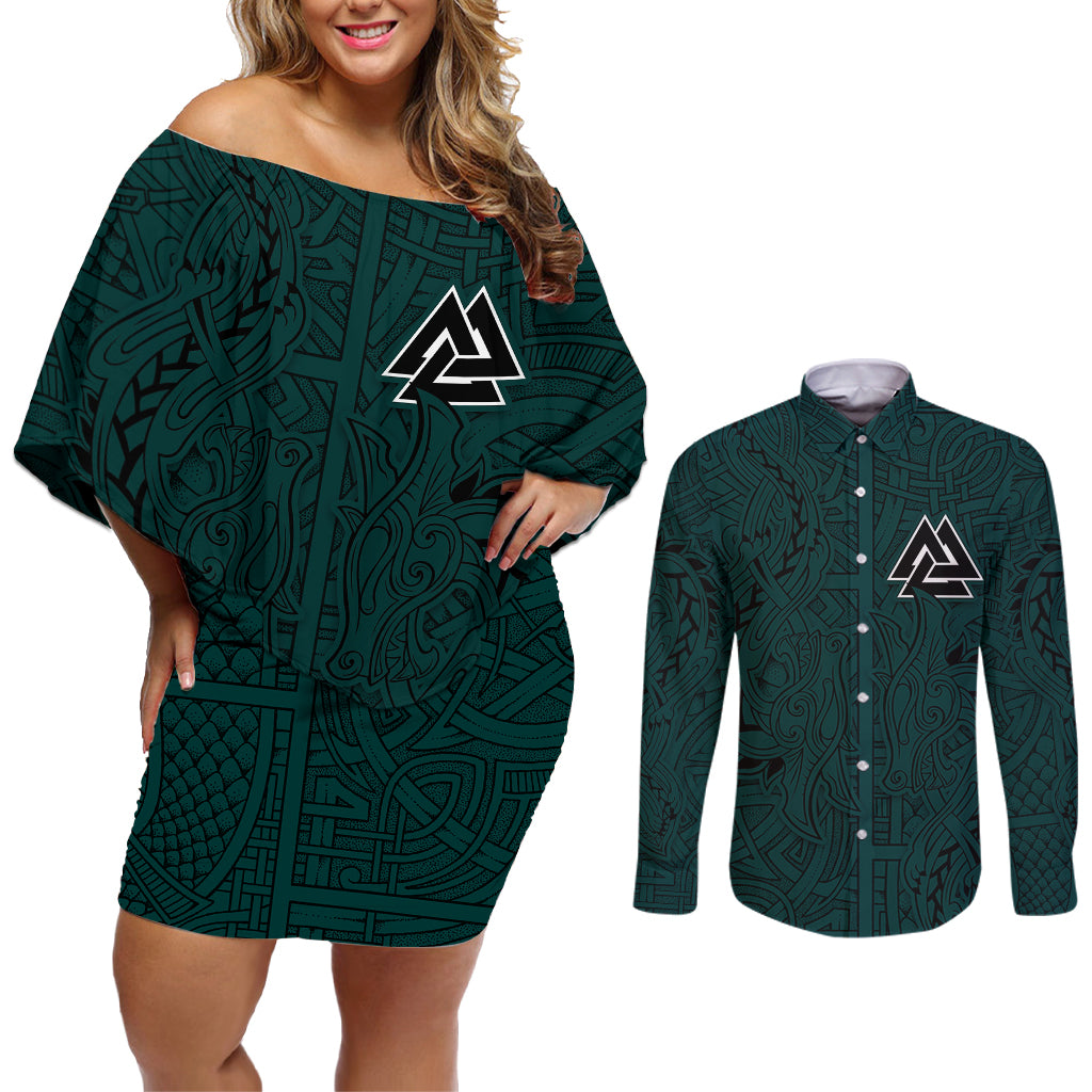 Viking Couples Matching Off Shoulder Short Dress and Long Sleeve Button Shirts Ravens - Hugin And Munin - Wonder Print Shop