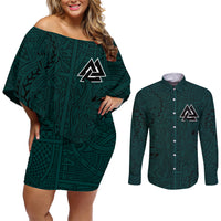 Viking Couples Matching Off Shoulder Short Dress and Long Sleeve Button Shirts Ravens - Hugin And Munin - Wonder Print Shop