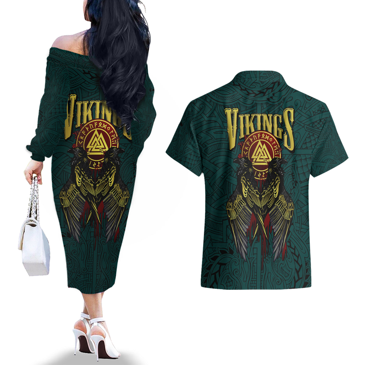 Viking Couples Matching Off The Shoulder Long Sleeve Dress and Hawaiian Shirt Ravens - Hugin And Munin - Wonder Print Shop