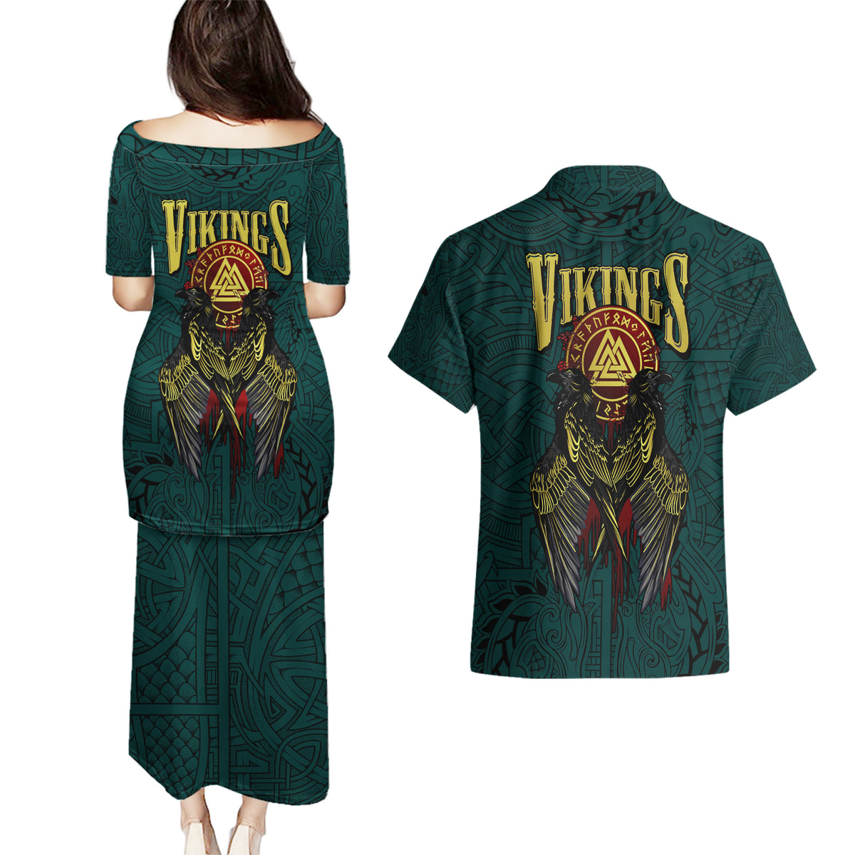 Viking Couples Matching Puletasi Dress and Hawaiian Shirt Ravens - Hugin And Munin - Wonder Print Shop